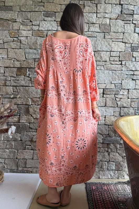 Kasbah Bubble Cotton Bandana Peasant Dress Apricot?